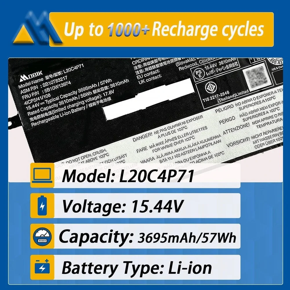 L20C4P71 Battery for Lenovo ThinkPad X1 Carbon 9th 10th Gen Yoga 6th 7th Gen